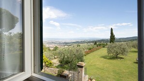 Vista desde una ventana a un jardín cuidado con varios árboles y un paisaje lejano.