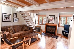 Älytelevisio, takka, DVD-soitin, videokirjasto