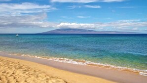 A beach with clear blue water, a sandy shore, and a mountain in the distance.