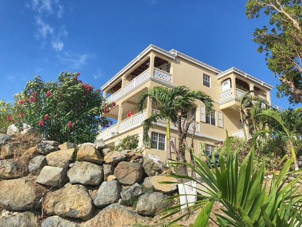 A multi-story building with balconies, surrounded by rocks and tropical plants.