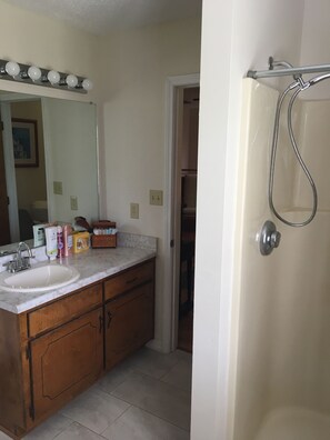 Combined shower/bathtub, hair dryer, towels, toilet paper
