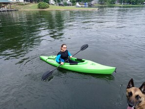 Une personne dans un kayak vert sur un lac paisible, avec un chien à proximité.