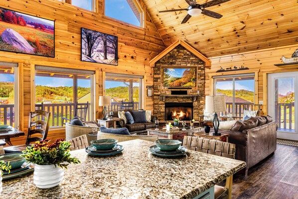 Smart TV, fireplace, ping pong