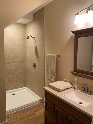Combined shower/bathtub, jetted bath, hair dryer, towels