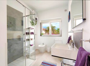 Enjoy a refreshing shower in this stylish bathroom with a glass-enclosed shower area and a large mirror.