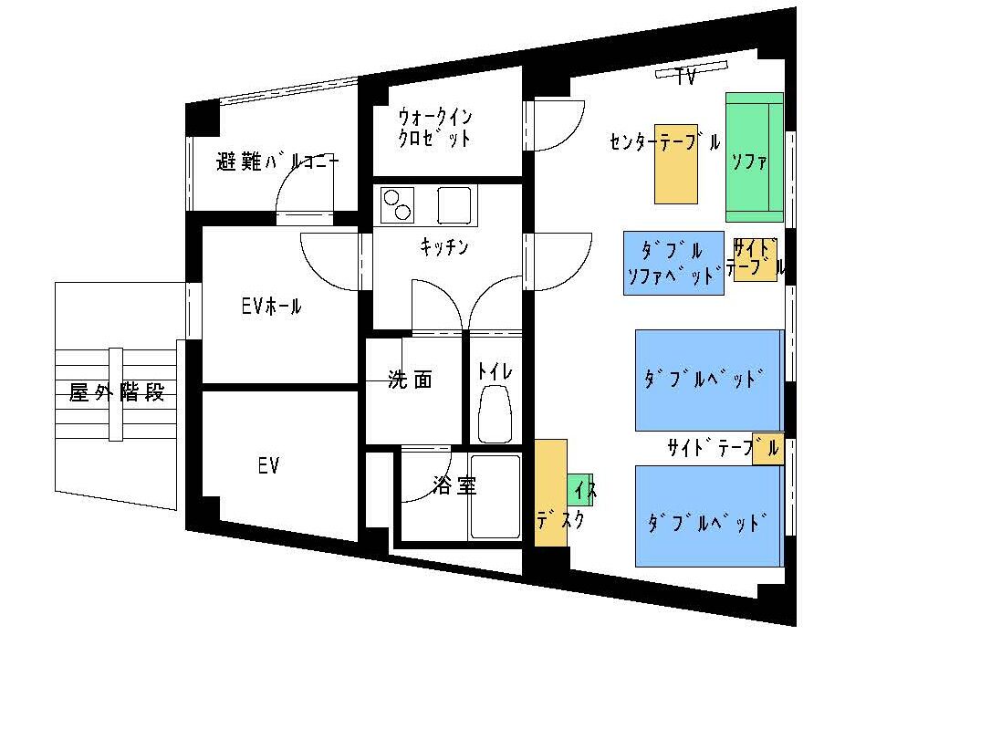 A hotel layout with an EV room, a TV room, and a bathroom.