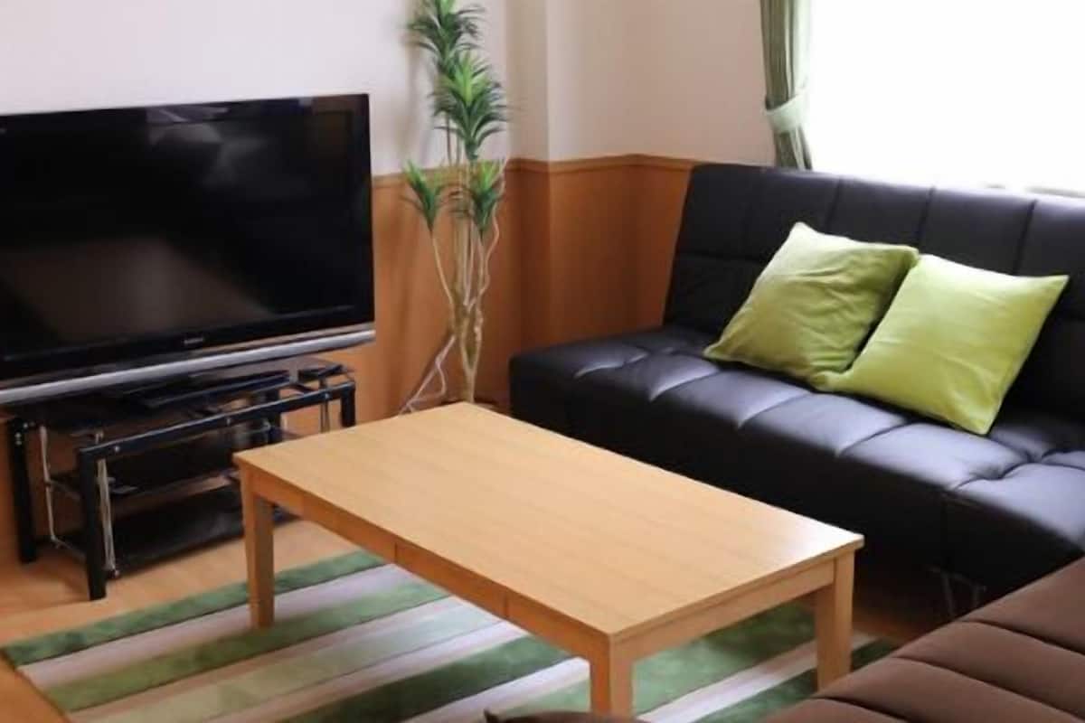 Een woonkamer met een zwarte leren bank, een houten salontafel, een flatscreen televisie en een potplant.