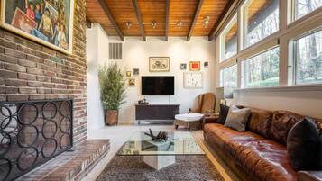 Smart TV, chimenea, libros, oficina