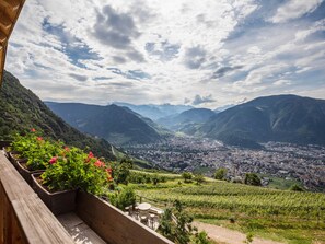Un balcon agrémenté de plantes en pot, offrant une vue sur une vallée et une ville.