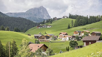 Un villaggio rurale con case in legno tradizionali, una montagna imponente sullo sfondo e cielo sereno.