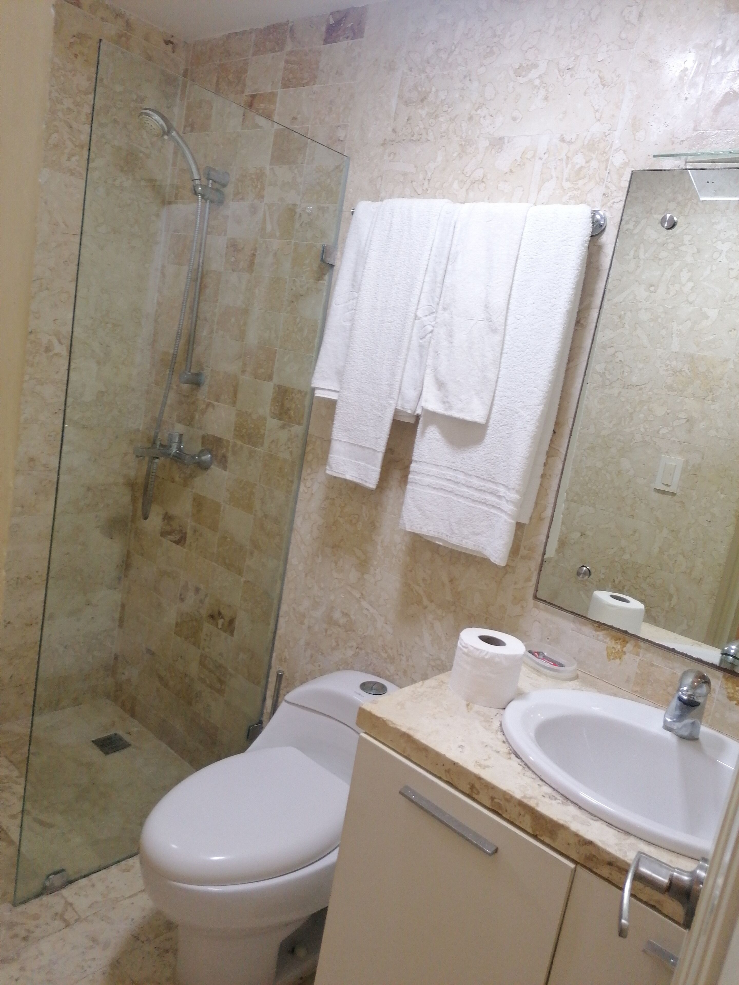 Combined shower/tub, towels