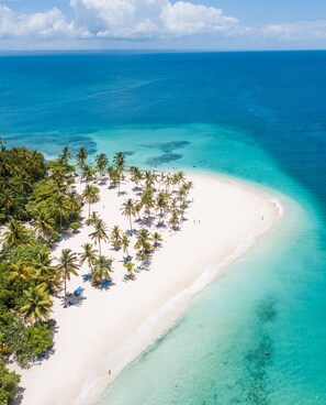 An aerial view of a beach with white sand, clear turquoise water, and palm trees. - Private room in the Boca Chica Resort condominium (Boca Chica)
