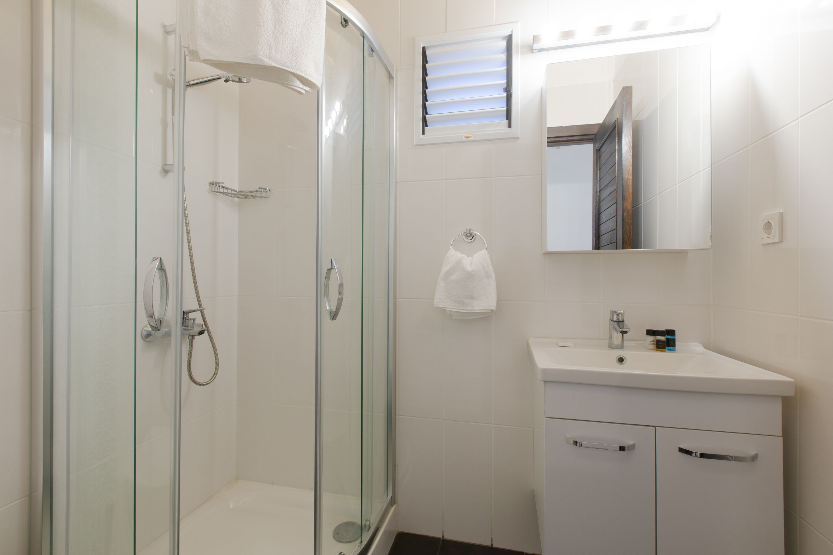 A modern bathroom with a glass-enclosed shower, a white sink, and a mirror above the sink.