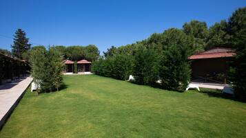 A well-maintained lawn with a gazebo and a small building with a red roof.