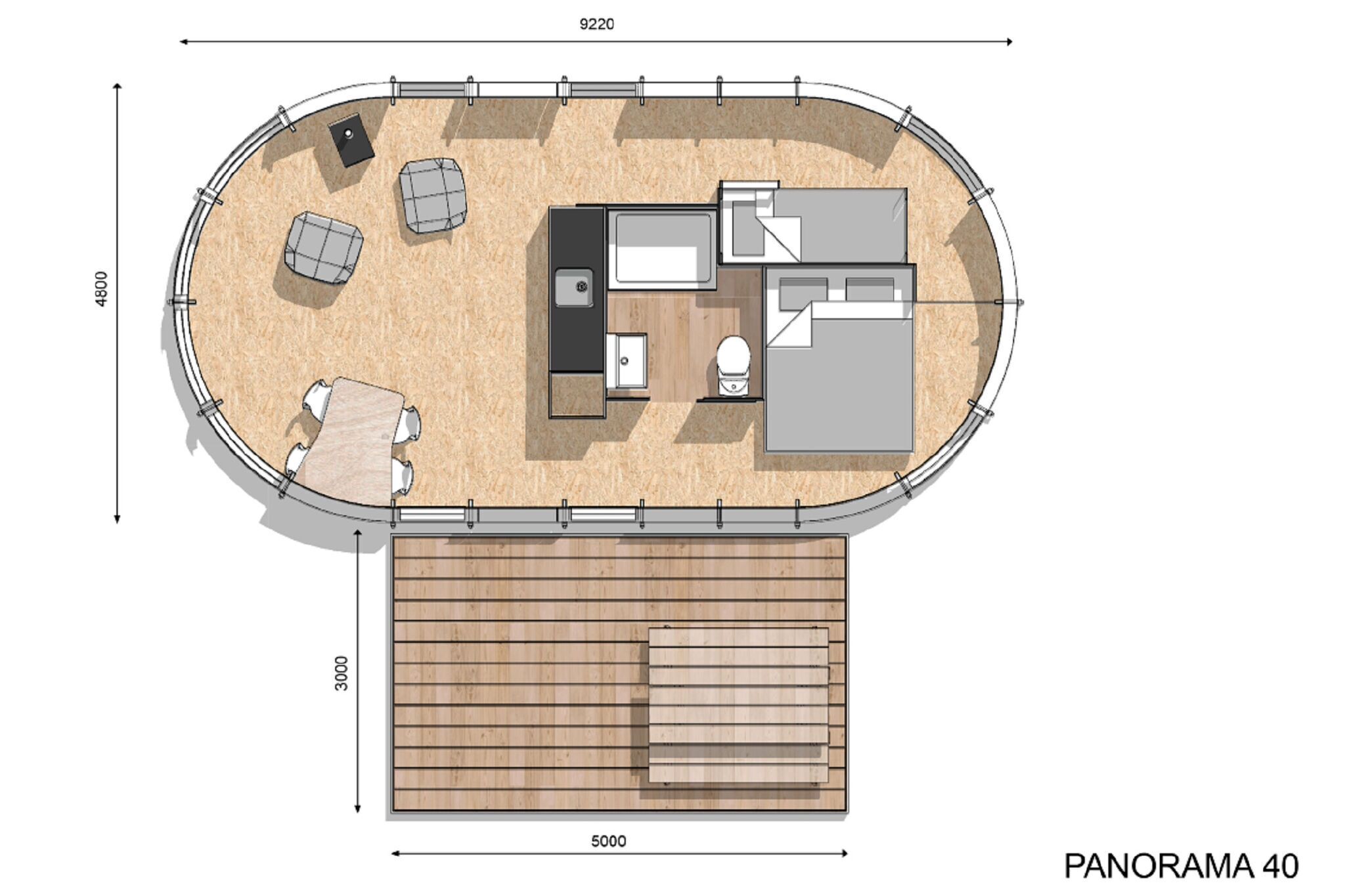 A circular floor plan of a room with a wooden deck, a kitchen area, a seating area with a table and chairs, and a small bathroom.