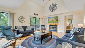 A spacious living room with a fireplace, a large TV, and a view of the outdoors. - Cozy Cove- Fenced yard for your dog and calm waters to swim for the family (Moneta)