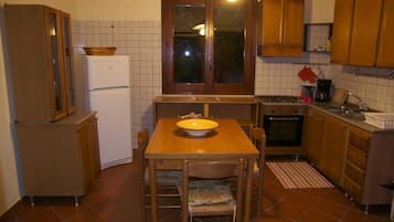 Een koelkast, een oven, een kookplaat, een koffiezetapparaat/waterkoker
