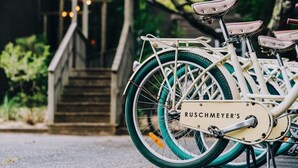 A bicycle with "RUSCHMEYER'S" branding, parked outdoors with a staircase and greenery in the background. - Ruschmeyers #17 - Dlx King (Montauk)