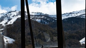 Eine Berglandschaft mit schneebedeckten Gipfeln und dichtem Wald.