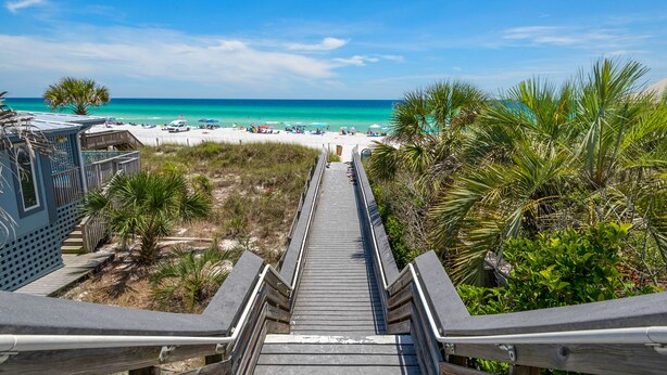 A wooden boardwalk leading to a beach with palm trees and a clear blue sky. - ☀️GulfViews~Additional Carriage House~100yds2Beach~PRIMELocation~Grayton Escape (Santa Rosa Beach)