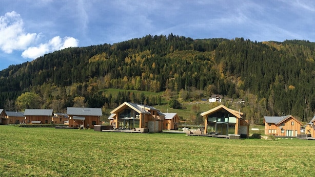 A row of wooden cabins with large windows, set against a backdrop of a forested mountain.