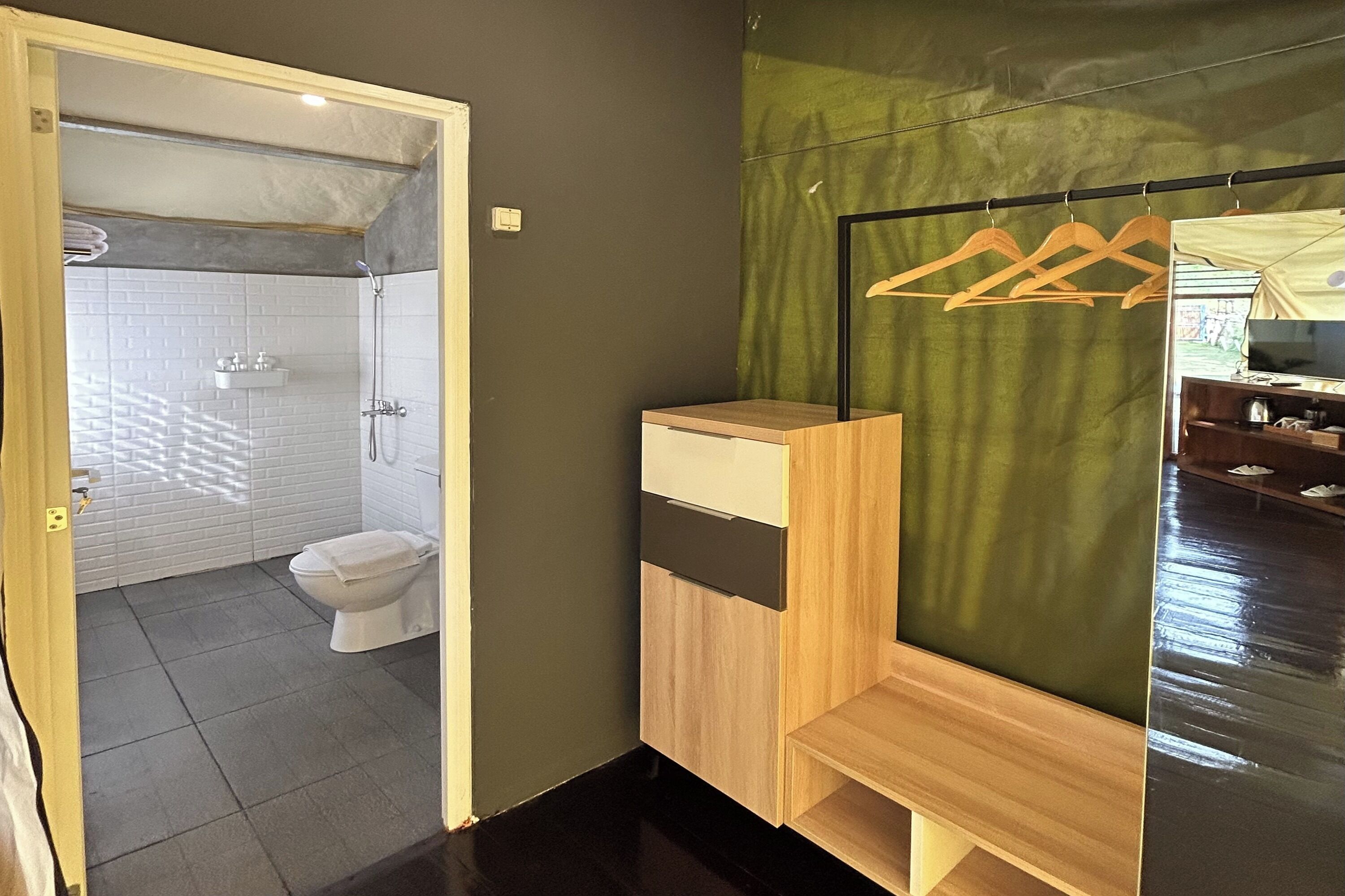 Baño con inodoro, ducha y espejo con perchas de madera.