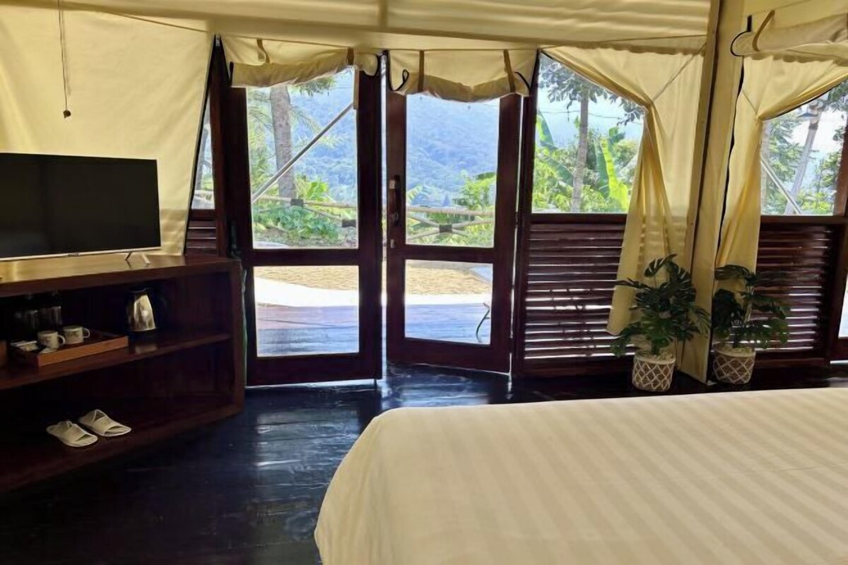 A room with a bed, a TV, a shelf with cups and a kettle, and a view of greenery outside.