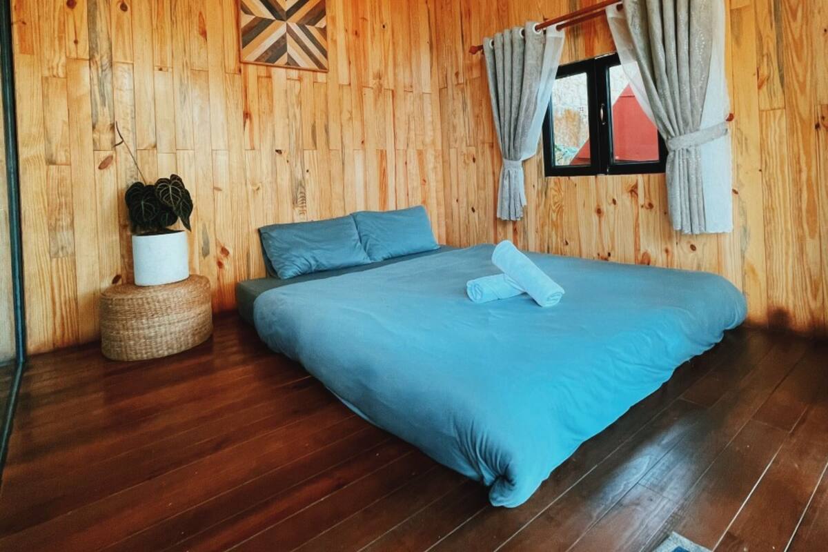A wooden cabin bedroom with a bed, curtains, a potted plant, and a wall-mounted lamp.