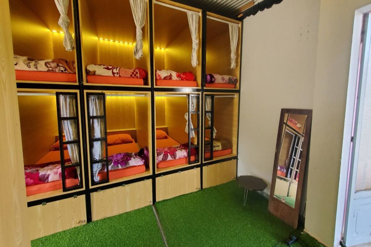 A room with bunk beds, artificial grass flooring, and a mirror on the wall.