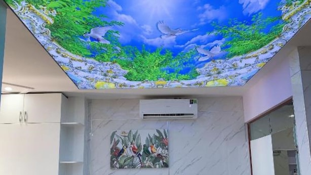 A bedroom with a mural of a blue sky and white doves, a bed with white linens, a wall-mounted air conditioner, and a shelf with a bird painting. - Hung Phat Hotel (Ho Chi Minh City)