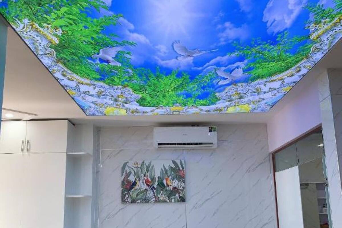 Une chambre avec une fresque représentant un ciel bleu et des colombes blanches, un lit avec du linge de lit blanc, un climatiseur fixé au mur et une étagère avec un tableau représentant un oiseau.
