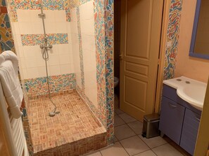 Shower, towels, toilet paper