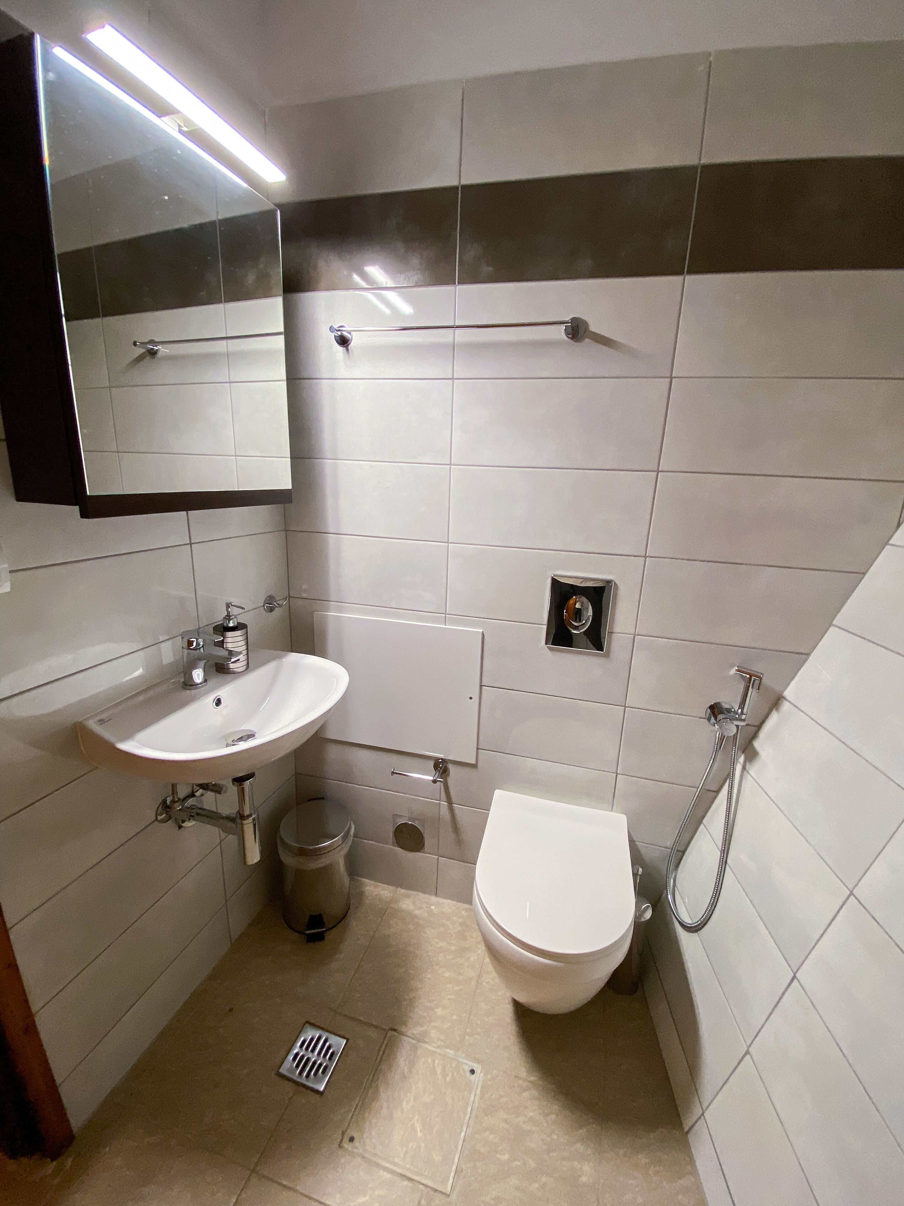 A bathroom with a white sink, mirror, toilet, and shower.