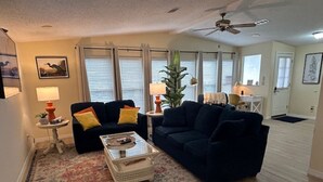 Un salon avec deux canapés sombres, une table basse et un tapis à motifs.