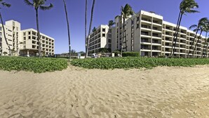Un hotel sulla spiaggia con diversi piani, palme e una spiaggia sabbiosa.