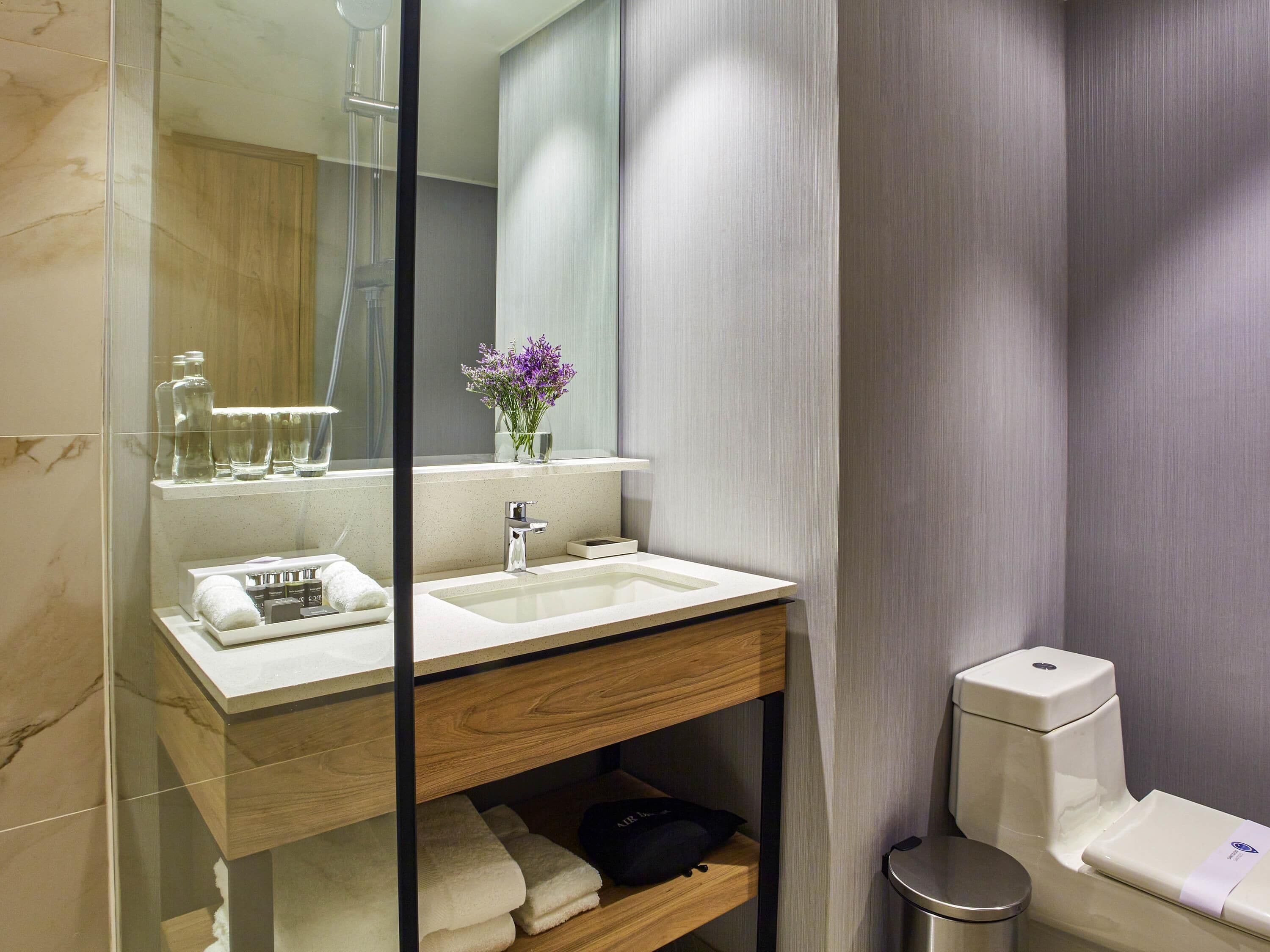 Shower, rainfall showerhead, eco-friendly toiletries, hair dryer