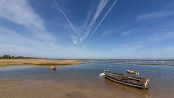 A calm water body with boats, a clear sky, and distant trees.