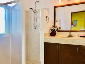 Shower, jetted tub, hair dryer, towels