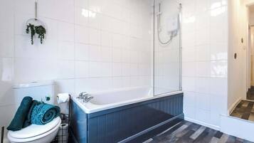 Shower, hair dryer, shampoo