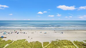 Une plage avec un ciel dégagé, un rivage sablonneux et des dunes au premier plan.