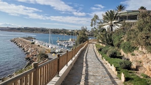 A coastal pathway with a stone pavement, wooden railing, and a view of boats docked at a marina.