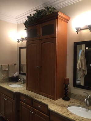 A bathroom with wooden cabinets, two sinks, a mirror, and a plant on top of the cabinets. - Great place to stay in Warrenville (Warrenville)