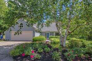Stunning home with a beautifully landscaped yard and a tree with white bark.