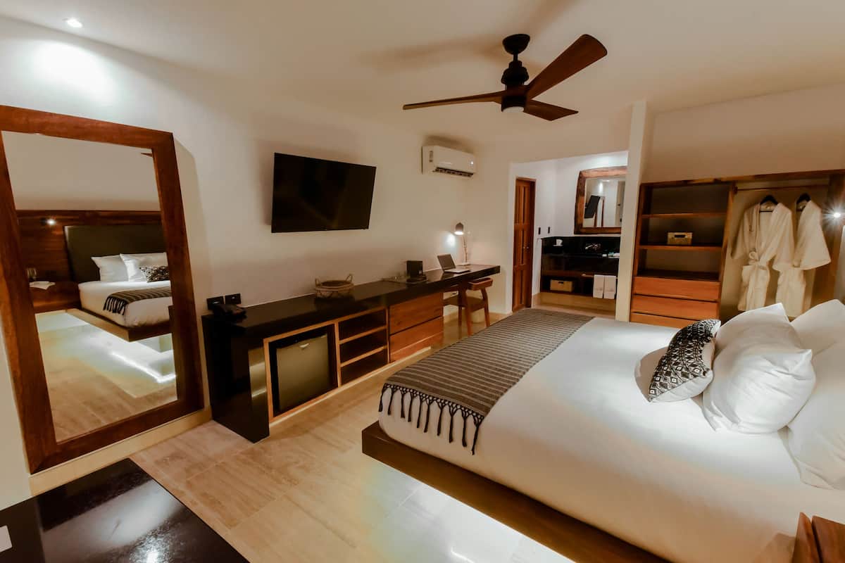 A bedroom with a bed, a desk, a chair, a ceiling fan, a TV, and a walk-in closet with robes.