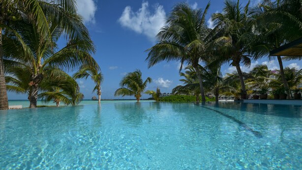 A clear blue pool surrounded by palm trees and a clear sky. - Casa del Jaguar Beach Hotel (Isla Mujeres)