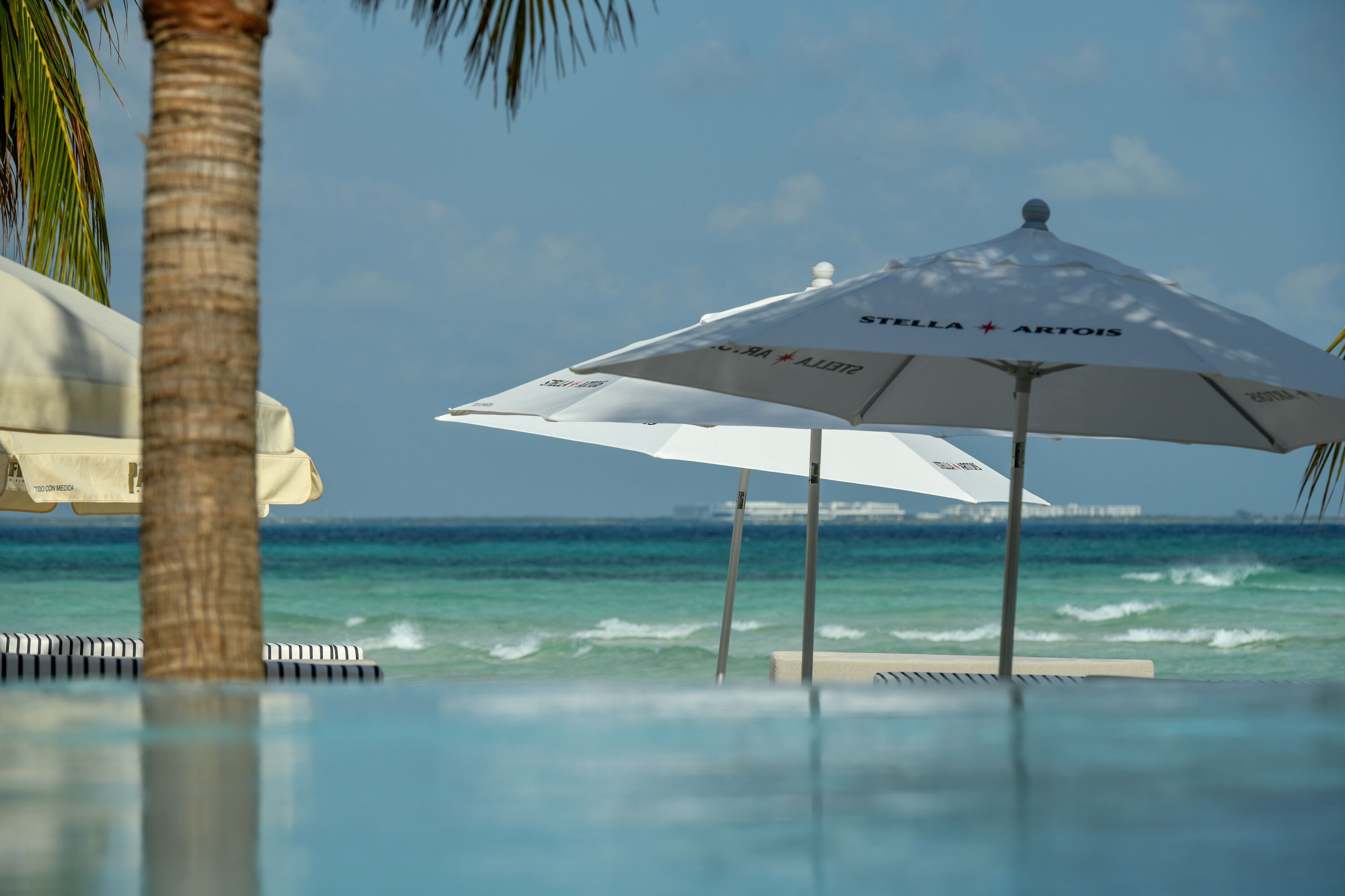 An infinity pool with a view of the ocean, a white umbrella with "STELLA ARTOIS" branding, and a palm tree.