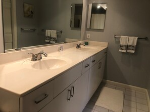 Combined shower/bathtub, jetted bath, hair dryer