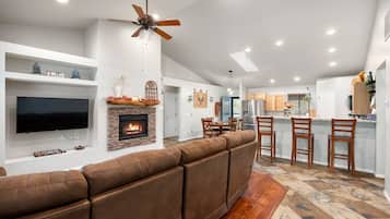 Smart TV, fireplace, books