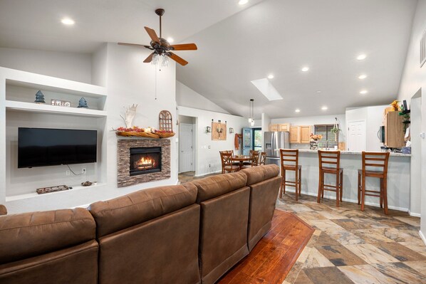 Smart TV, fireplace, books