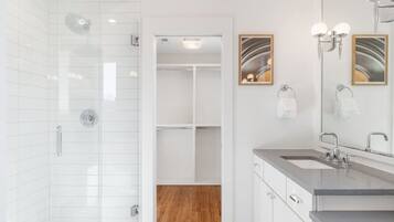 A modern bathroom with a walk-in shower, a vanity with a sink and mirror, and a wooden floor leading to a closet.